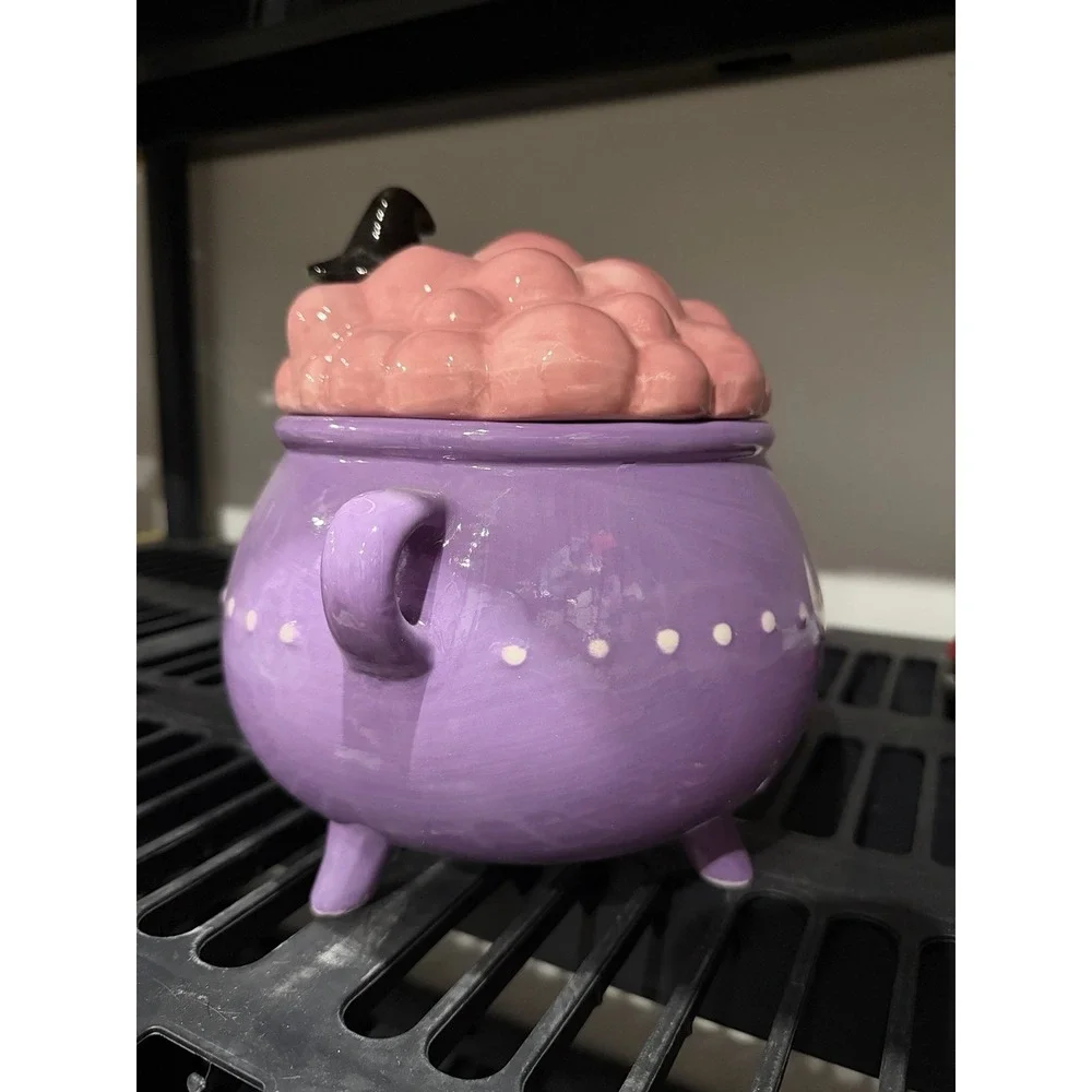 10 Strawberry Street Halloween Purple Cauldron Cookie Jar Witch Frog Hat READ